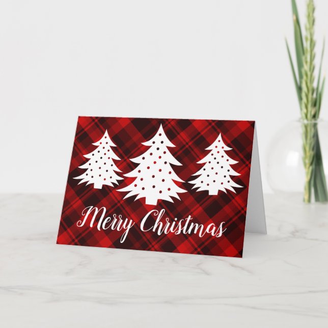 Cartes Pour Fêtes Annuelles Rouge rustique Joyeux Arbres de Noël Joyeux Blanc (Devant)