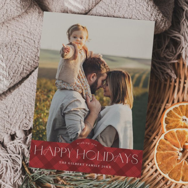 Cartes Pour Fêtes Annuelles Rouge rustique Plaid 2 photo (Rustic red plaid 2 photo holiday cards.)