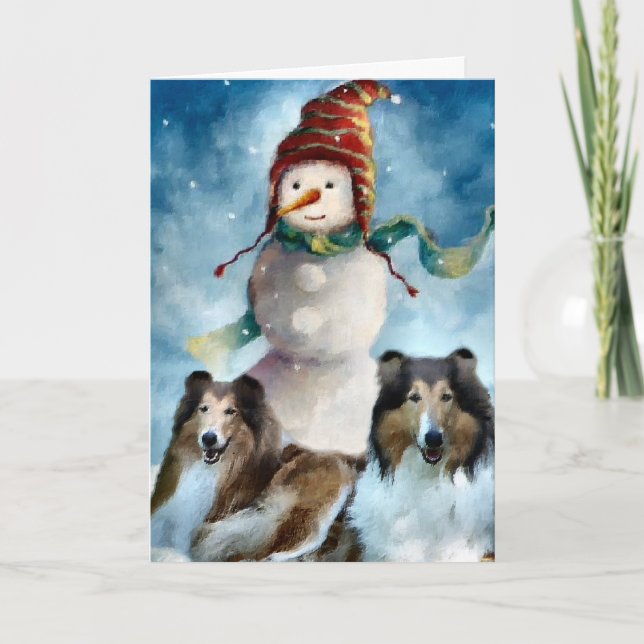 Cartes Pour Fêtes Annuelles Rough Collie avec Snowman Christmas (Devant)