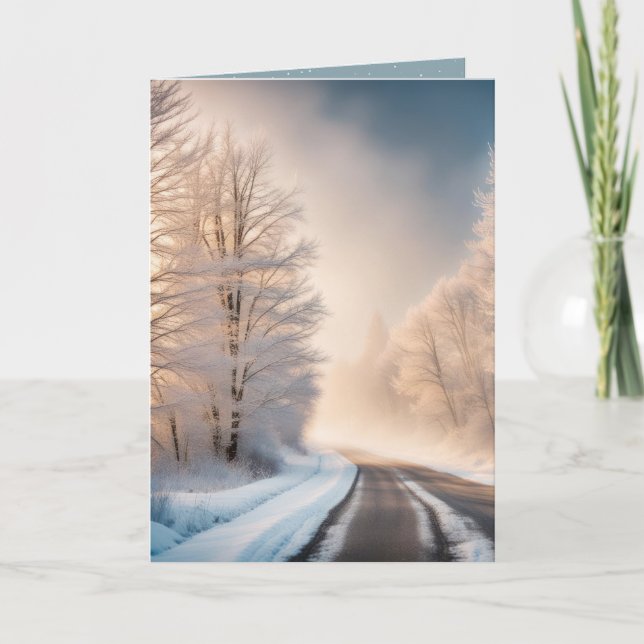 Cartes Pour Fêtes Annuelles Route d'hiver gelée avec lever du soleil (Devant)