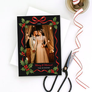 Cartes Pour Fêtes Annuelles Ruban de houx mariés et joyeux Photo Noir