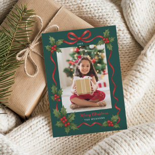 Cartes Pour Fêtes Annuelles Ruban de houx vert Joyeux Noël Photo