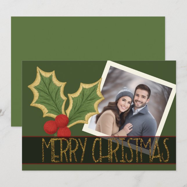 Cartes Pour Fêtes Annuelles Ruban de Noël broderie Photo Baies de houx (Devant / Derrière)