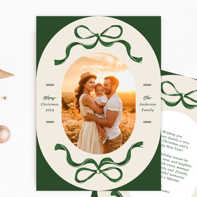 Cartes Pour Fêtes Annuelles Ruban de Noël moderne & Bow Green Oval Photo (Créateur téléchargé)