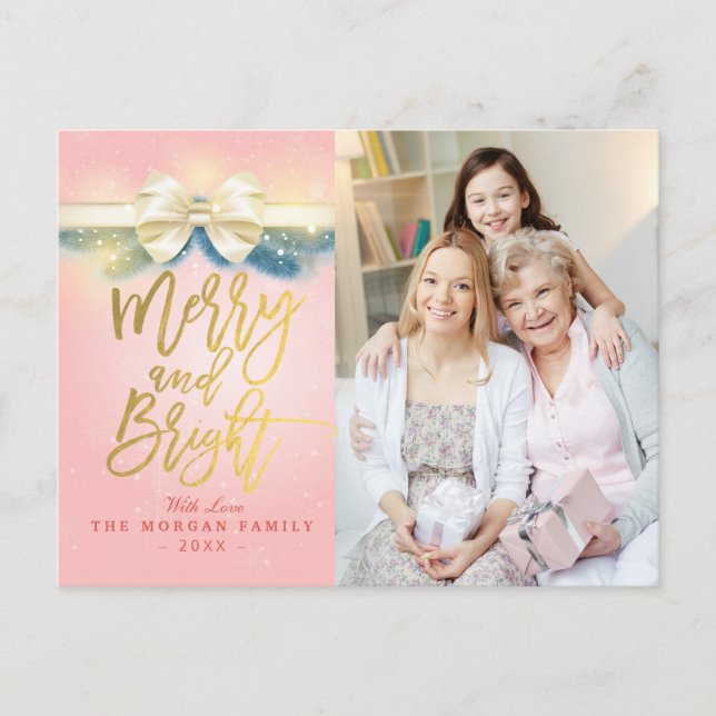 Cartes Pour Fêtes Annuelles Ruban d'or rose clair et joyeux Photo (Devant)