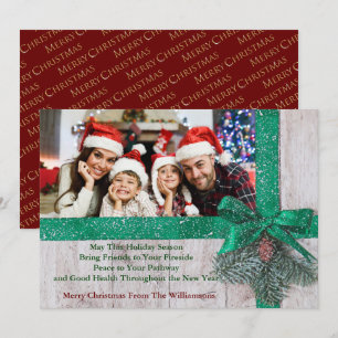 Cartes Pour Fêtes Annuelles Ruban vert neige et bow sur bois photo