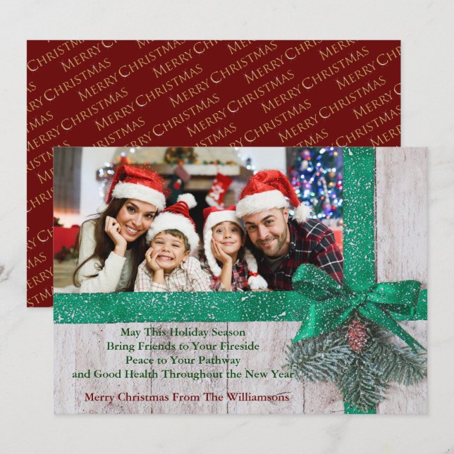 Cartes Pour Fêtes Annuelles Ruban vert neige et bow sur bois photo (Devant / Derrière)
