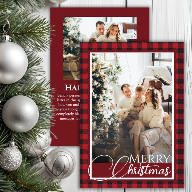 Cartes Pour Fêtes Annuelles Russe Buffalo plaqué rouge et noir photo Noël (Rustic Buffalo Plaid Red and Black Photo Christmas Holiday Card)