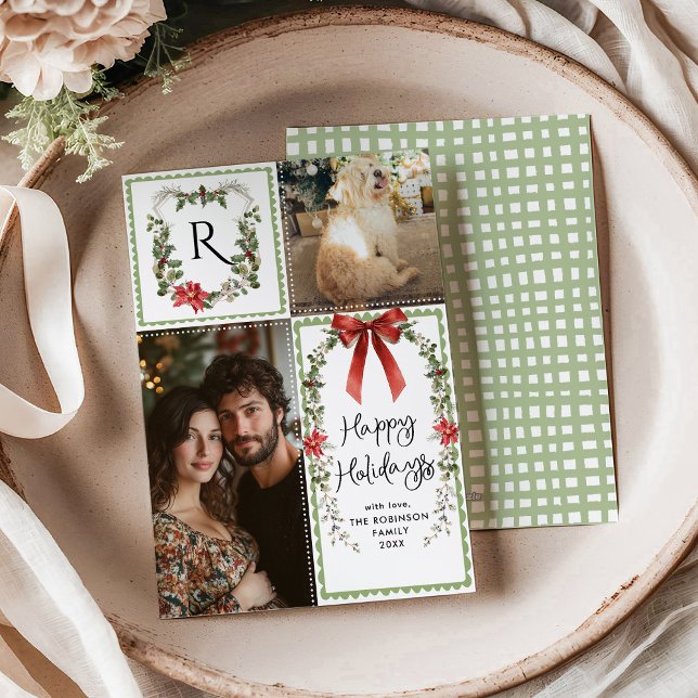 Cartes Pour Fêtes Annuelles Russe Green Monogram Bow Joyeux Noël 2 Photo (Créateur téléchargé)