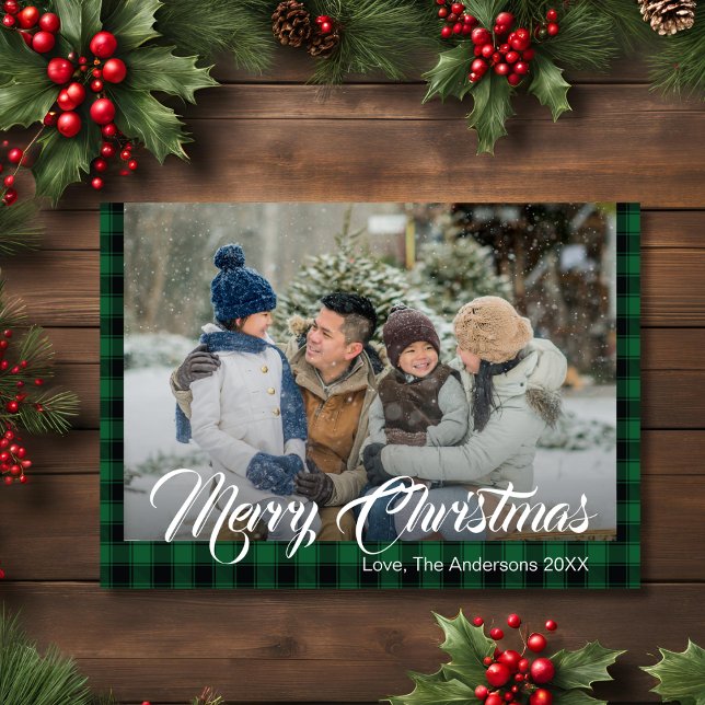 Cartes Pour Fêtes Annuelles Russe Green Tartan Buffalo Plaid Photo de Noël (Rustic Green Tartan Buffalo Plaid Christmas Photo Holiday Card)