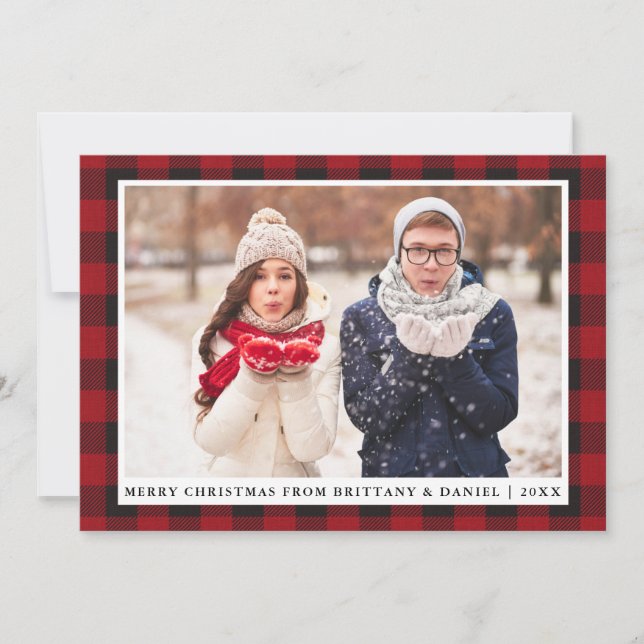 Cartes Pour Fêtes Annuelles Russe Rouge Plaid Joyeux Noël Couple Photo (Devant)