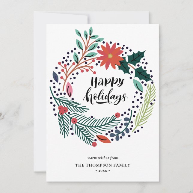 Cartes Pour Fêtes Annuelles Russe Vert Rouge Poinséttia Floral Wreath Simple (Devant)
