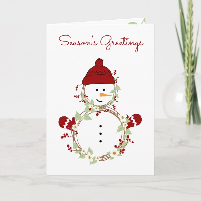 Cartes Pour Fêtes Annuelles Russe Wreath Snowman avec Casquette rouge et Mitte (Devant)