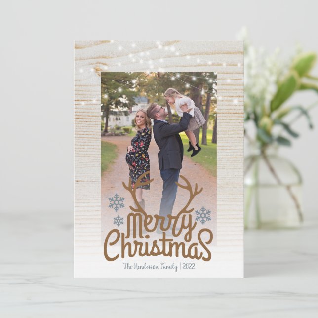Cartes Pour Fêtes Annuelles Rustic Antlers Chaîne photo Lumière Joyeux Noël (Debout devant)