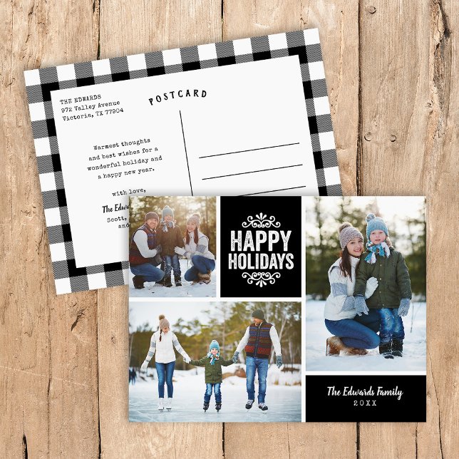 Cartes Pour Fêtes Annuelles Rustic Black Happy Holidays 3 Photo Collage (Créateur téléchargé)