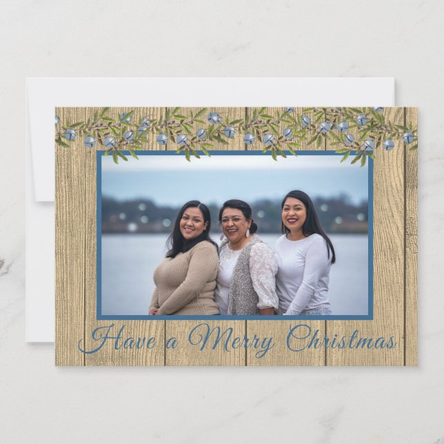 Cartes Pour Fêtes Annuelles Rustic Blue Family Photo Joyeux Noël (Devant)