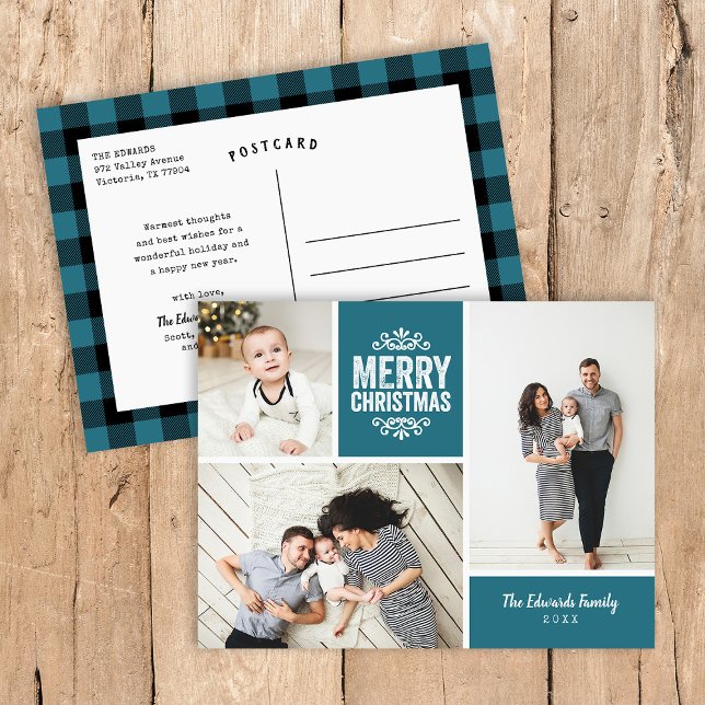 Cartes Pour Fêtes Annuelles Rustic Blue Joyeux Noël 3 Photo Collage (Créateur téléchargé)