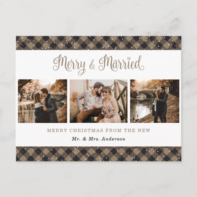 Cartes Pour Fêtes Annuelles Rustic Buffalo Plaid Marié et Joyeux Nouveaux mari (Devant)
