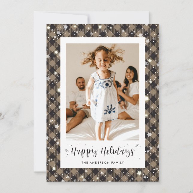 Cartes Pour Fêtes Annuelles Rustic Buffalo Plaid Photo Happy Holidays Card (Devant)