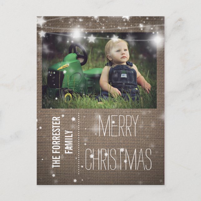 Cartes Pour Fêtes Annuelles Rustic Burlap Joyeux Noël Etoiles Photo de famille (Devant)
