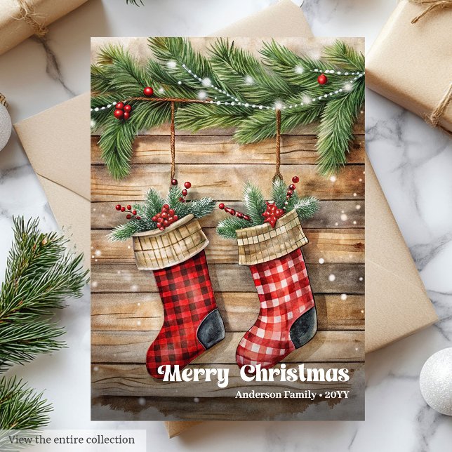 Cartes Pour Fêtes Annuelles Rustic Christmas stocking traditional pine wreath (Rustic Christmas stocking traditional pine wreath Holiday Card )