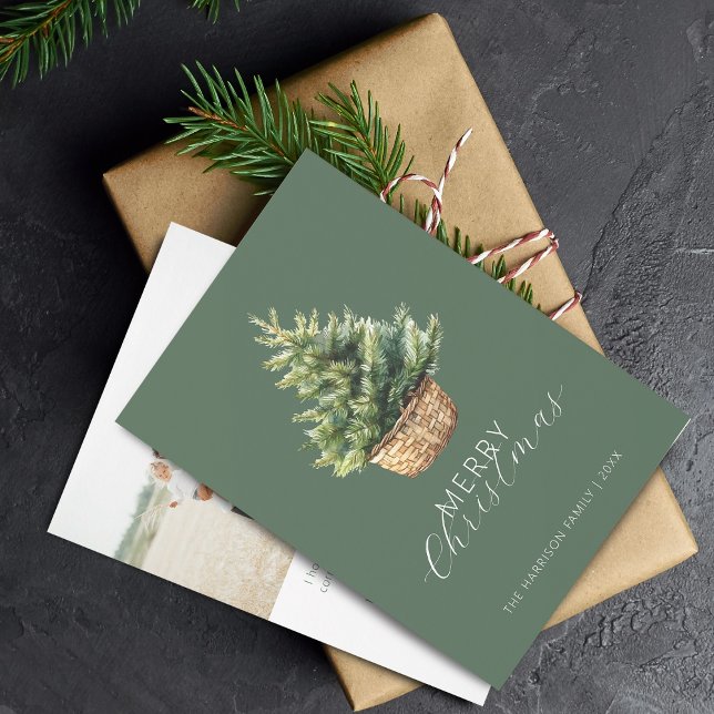 Cartes Pour Fêtes Annuelles Rustic Christmas Tree In Basket Photo Flat (Rustic Christmas Tree In Basket Flat Holiday Card)