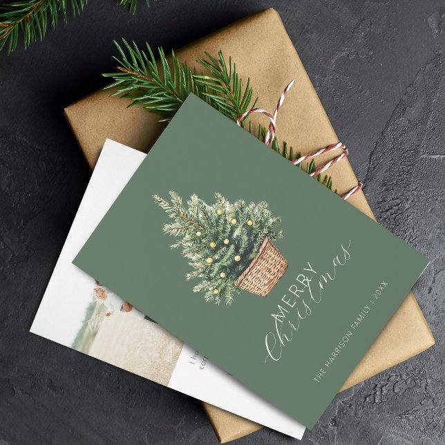 Cartes Pour Fêtes Annuelles Rustic Christmas Tree In Basket Photo Flat (Rustic Christmas Tree In Basket Flat Holiday Card)