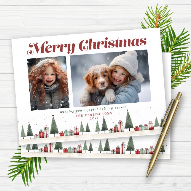 Cartes Pour Fêtes Annuelles Rustic Christmas Trees Photo de vacances (2-Photo Rustic Christmas Card)