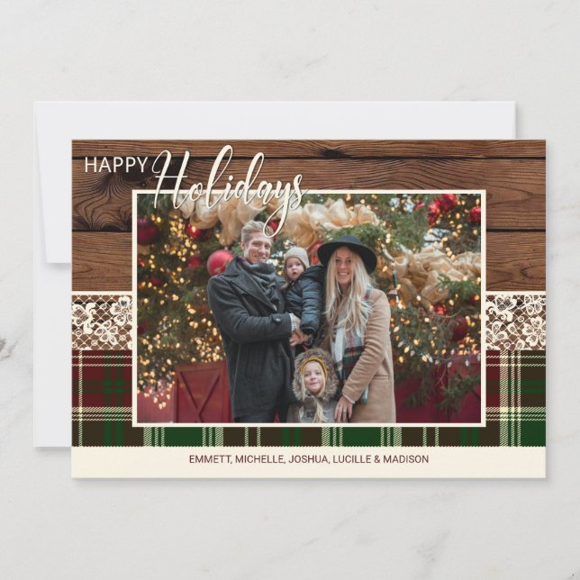 Cartes Pour Fêtes Annuelles Rustic Country Plaid Photo de famille de Noël (Devant)