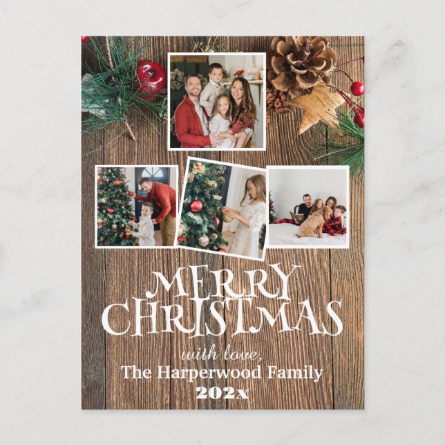 Cartes Pour Fêtes Annuelles Rustic Elegant Joy Christmas Family Photo Collage (Devant)