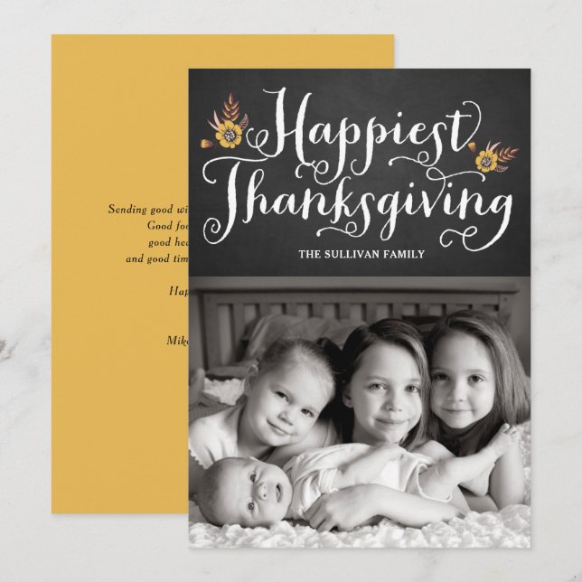Cartes Pour Fêtes Annuelles Rustic Faux Chalkboard Happest Thanksgiving Photo (Devant / Derrière)