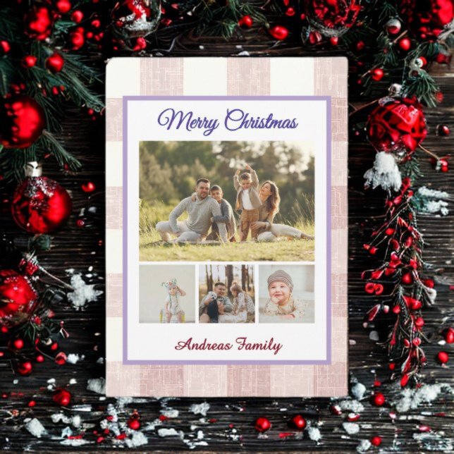 Cartes Pour Fêtes Annuelles Rustic Gingham 4 Photo Collage Merry Christmas  (Créateur téléchargé)