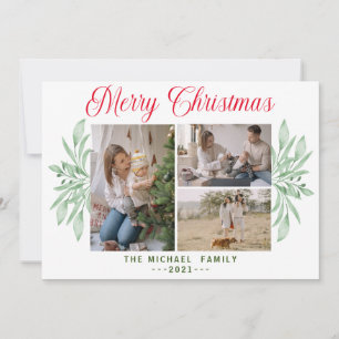 Cartes Pour Fêtes Annuelles Rustic Green Feuilles 3 Photo Joyeux Noël Ho