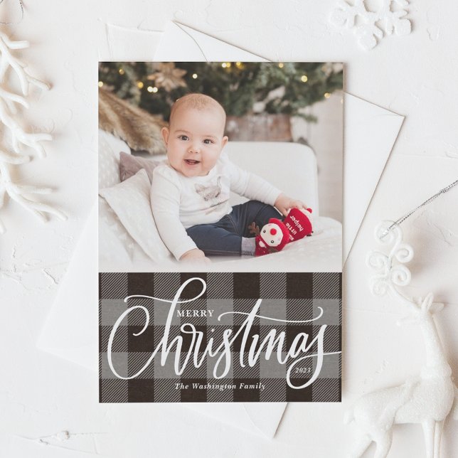 Cartes Pour Fêtes Annuelles Rustic Grey Plaid Joyeux Noël Photo (Créateur téléchargé)