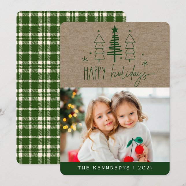 Cartes Pour Fêtes Annuelles Rustic Happy Holidays Photo Plaid Christmas Card (Devant / Derrière)