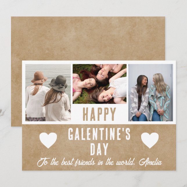 Cartes Pour Fêtes Annuelles Rustic Heart Galentine's Day Friends 3 Photo (Devant / Derrière)