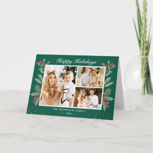 Cartes Pour Fêtes Annuelles Rustic Holly Berries Foliage Joyeuses vacances Pho