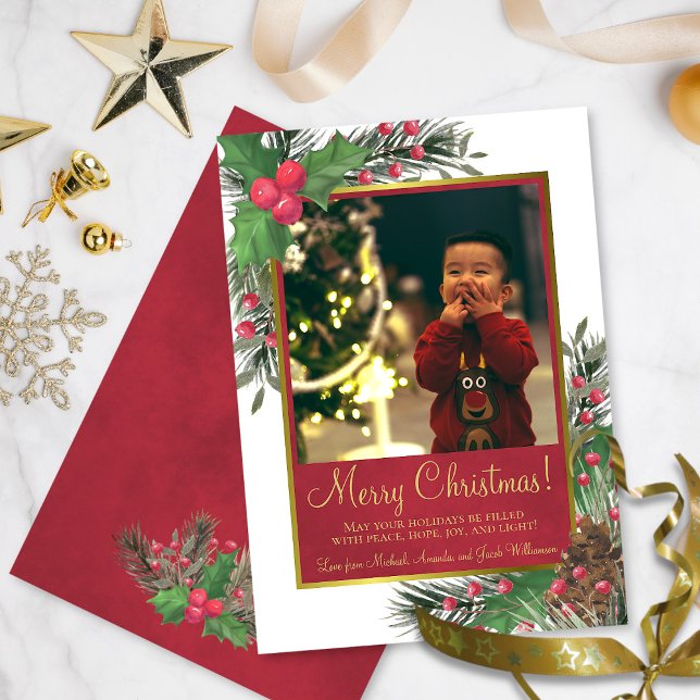Cartes Pour Fêtes Annuelles Rustic Holly & Pine avec photo Joyeux Noël (In Situ Front/Back)