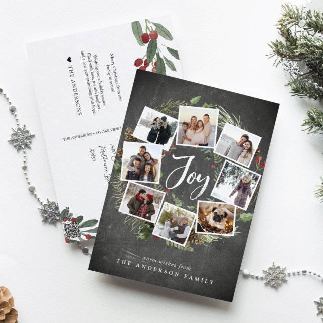Cartes Pour Fêtes Annuelles Rustic Joy Wreath | Rustic Photo Collage Noël (Créateur téléchargé)