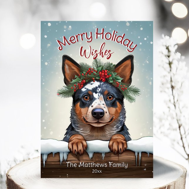 Cartes Pour Fêtes Annuelles Rustic Merry souhaite australien chien de bétail S (Adorable Winter Snowy Scene With Peeking Dogs or Farm/Woodland Animals - Over 50 to Choose From!)