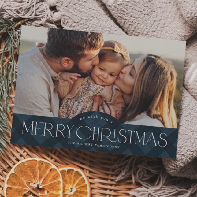 Cartes Pour Fêtes Annuelles Rustic Navy Blue Plaid 2 Photo Joyeux Noël (Rustic navy blue plaid merry christmas 3 photo holiday card.)