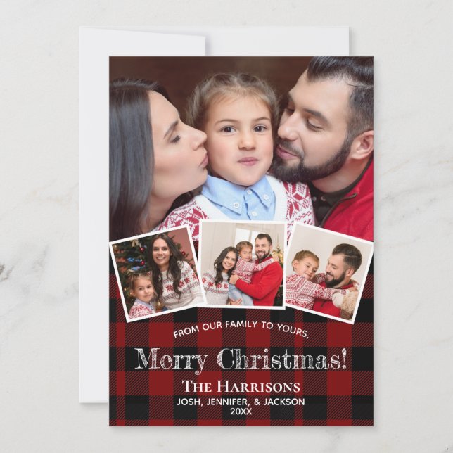 Cartes Pour Fêtes Annuelles Rustic Photo Collage Buffalo Plaid Christmas (Devant)