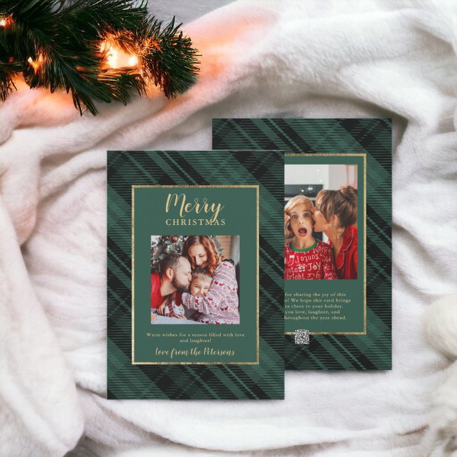 Cartes Pour Fêtes Annuelles Rustic Plaid Green Gold Joyeux Noël 2 Photos (Rustic Plaid Green Gold Merry Christmas 2 Photos Holiday Card)