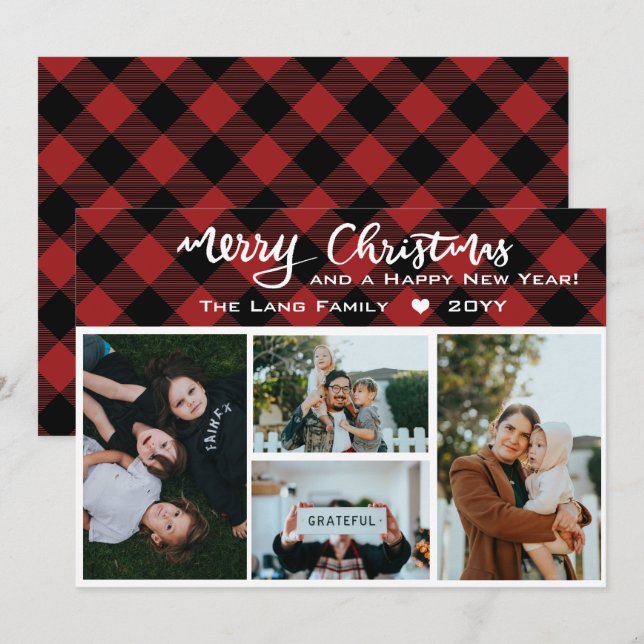 Cartes Pour Fêtes Annuelles Rustic Red Black Buffalo Check Christmas Collage (Devant / Derrière)