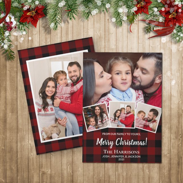 Cartes Pour Fêtes Annuelles Rustic Red Buffalo Check Photo Collage Christmas (Créateur téléchargé)