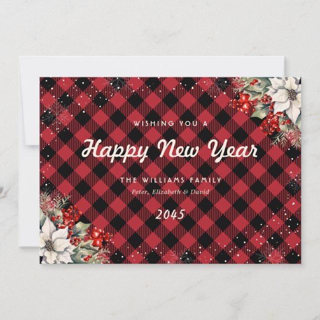 Cartes Pour Fêtes Annuelles Rustic Red Plaid Snowflake Botanical New Year Card (Devant)