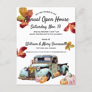 Cartes Pour Fêtes Annuelles Rustic Vintage Blue Truck Automne quitte Open Hous