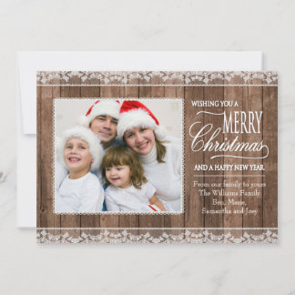 Cartes Pour Fêtes Annuelles Rustic White Lace & Wood Christmas Flat Photo Card