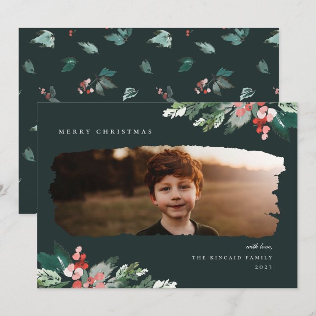 Cartes Pour Fêtes Annuelles Rustic Winter Berry Green Photo (Devant / Derrière)