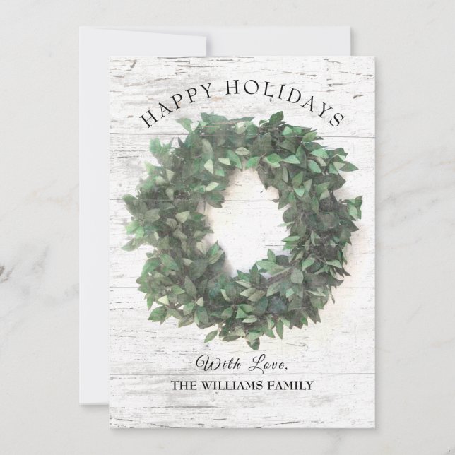 Cartes Pour Fêtes Annuelles Rustic Wood Green Wreath Family Photo Happy (Devant)